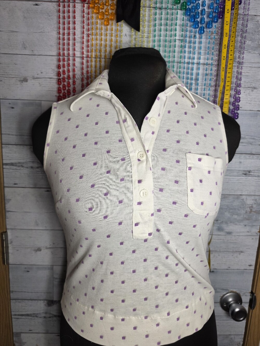 Vtg 70's White Purple Micro Polka-dot Square Crop Top Mod Retro Revival Eclectic